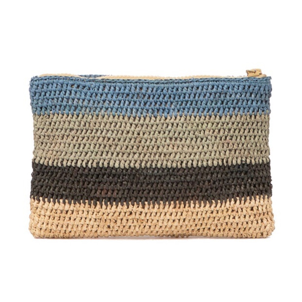 Sans Arcidet Small River Zip Pouch Blue Striped Natural Raffia